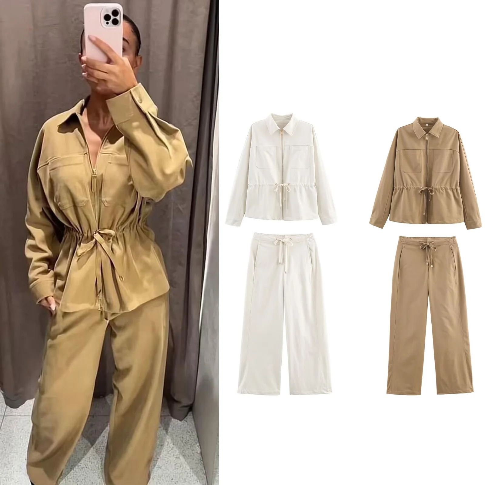 HH Female Causal Pants Suits Long Sleeves Solid Zipper Bomber JacketsDrawstring Pants Autumn Fashion Safari Wear Khaki Set 260918