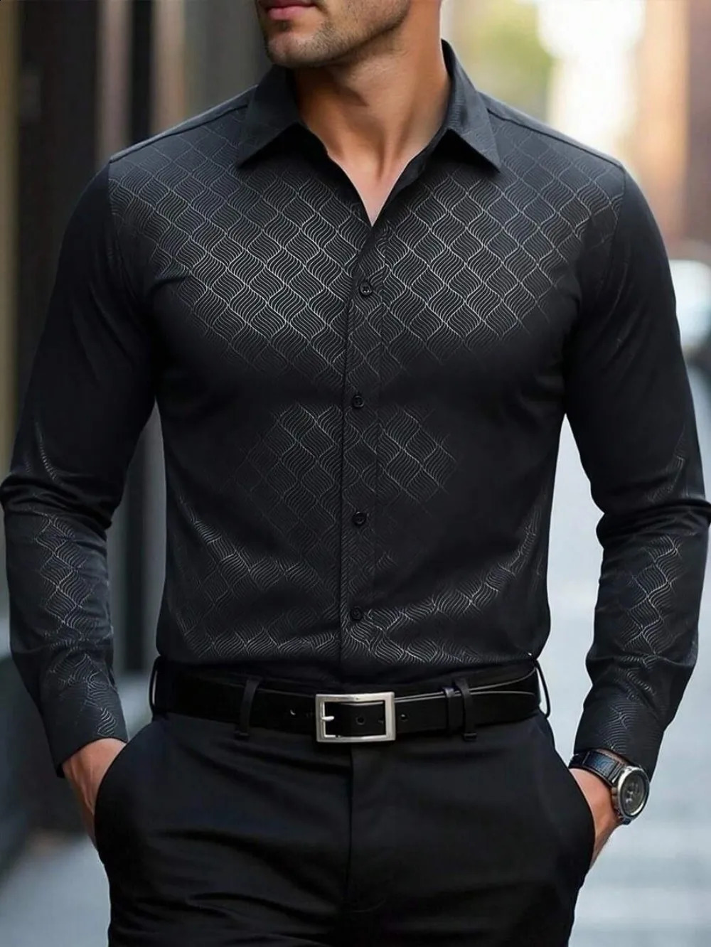 Getailleerd zakelijk formeel overhemd met lange mouwen voor heren, voor lente- en herfstkleding, zakelijke casual stijl 260918