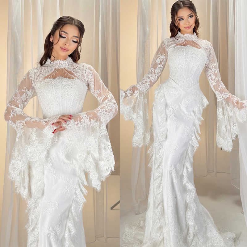 Elegant Evening Dresses Long Sleeve High Collar Applique Lace Dresses Celebrity Party Prom Wedding Customized Vestidos De Fiesta