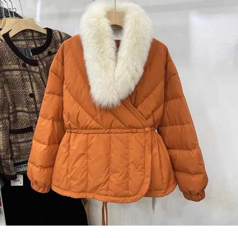 Foreign Hair Neck V-neck Waist Tie Down Jacket Female Temperament Thin White Duck Down Coat Thick Solid Color H260917