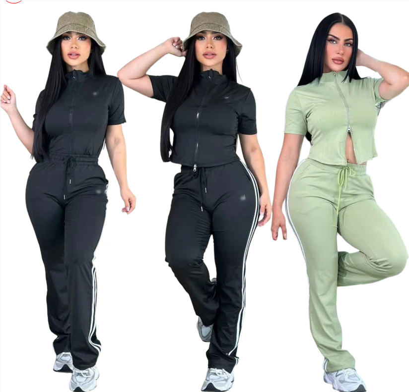 Womens Tracksuit Designer High elasticity slim fit sports set, double pull head short top, drawstring micro flared pants two-piece set