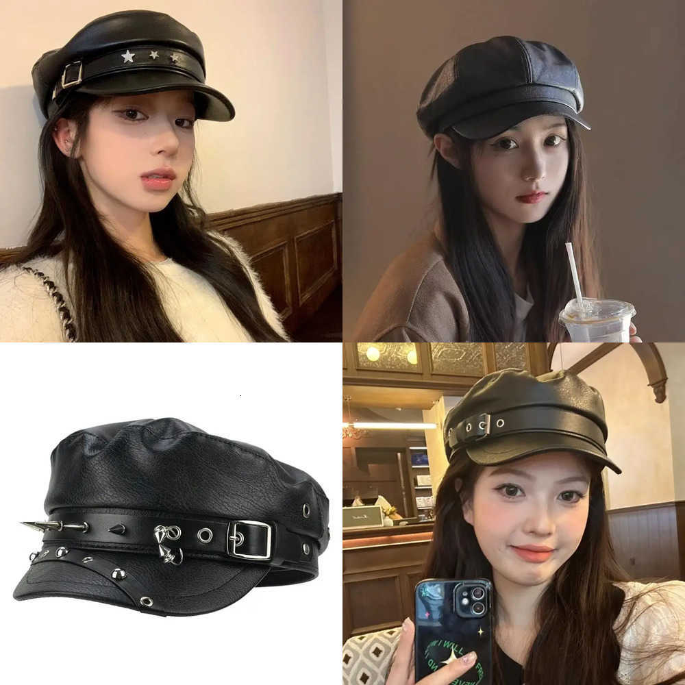 Vintage Rivet Beret Y2K New Girl Gothic Lolita Black Leather Dark Face Revealing Flat Top Newsboy Caps Sunscreen Beret Cap J260917