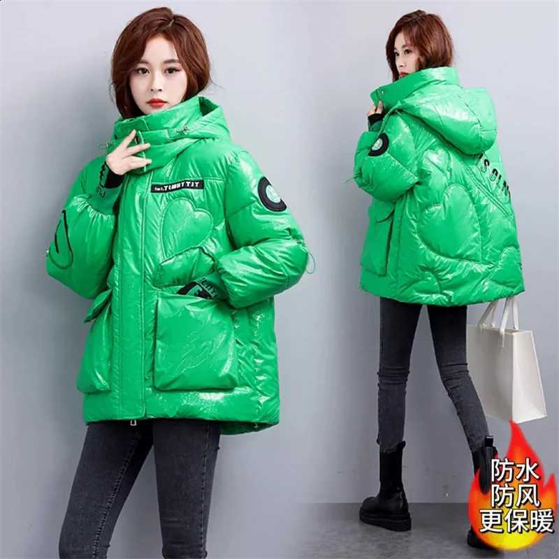 Winter Windproof Glossy Fashion Letter Embroidered Down cotton Jacket Women's Hooded Thick Warm Loose Coat Short cotton Parka H260917
