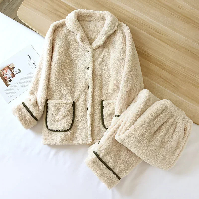 2026 Couple Winter Flannel Pajama Set Men's And Women's Coral Plush Thick Solid Long Sleeve Pants Home Suit Two Piece Set 260917