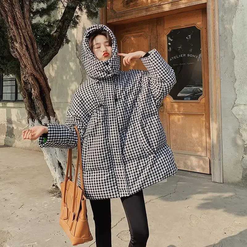 Women Down Coats Houndstooth White Duck Down 90% Bubble Coats Winter Plaid Zipper Full Casual Korean Ladylike Women Thick Coat H260917