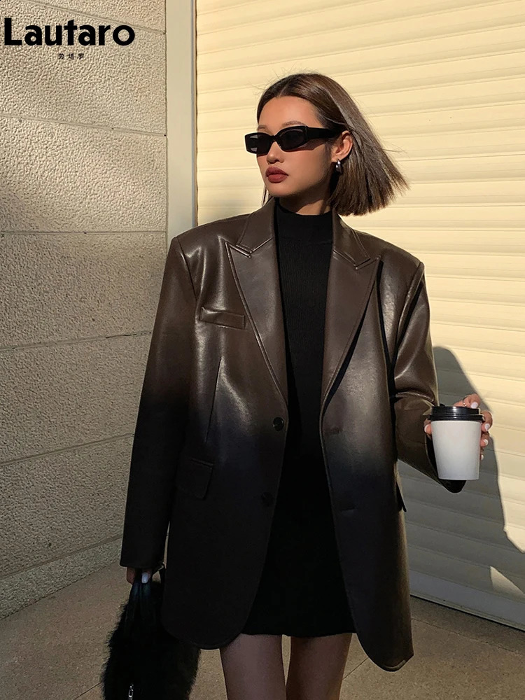 Lautaro Autumn Black Brown Soft Pu Leather Blazer Women Shoulder Pads Long Sleeve Single Breasted Loose Casual Korean Fashion 260918