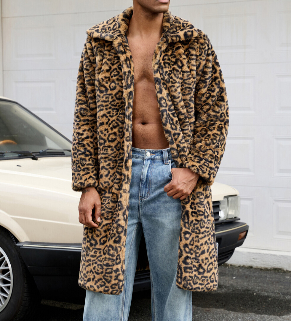 2026 Men European and American leopard print faux fur men's lapel coat, warm outerwear for export, new autumn/winter style