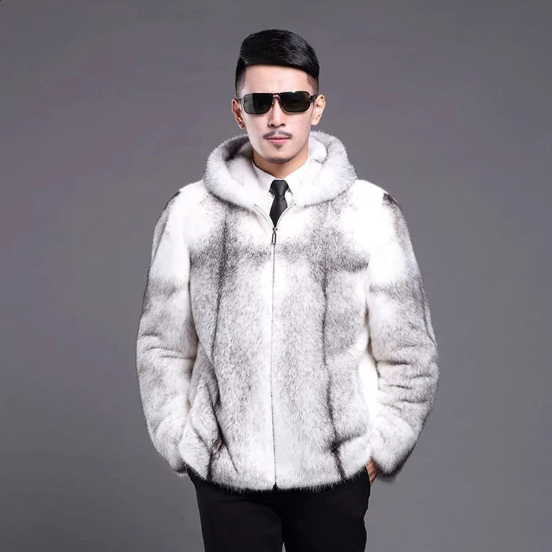 Mens fur mink coat hooded slimfit zipper short casual jacket plus size 260918