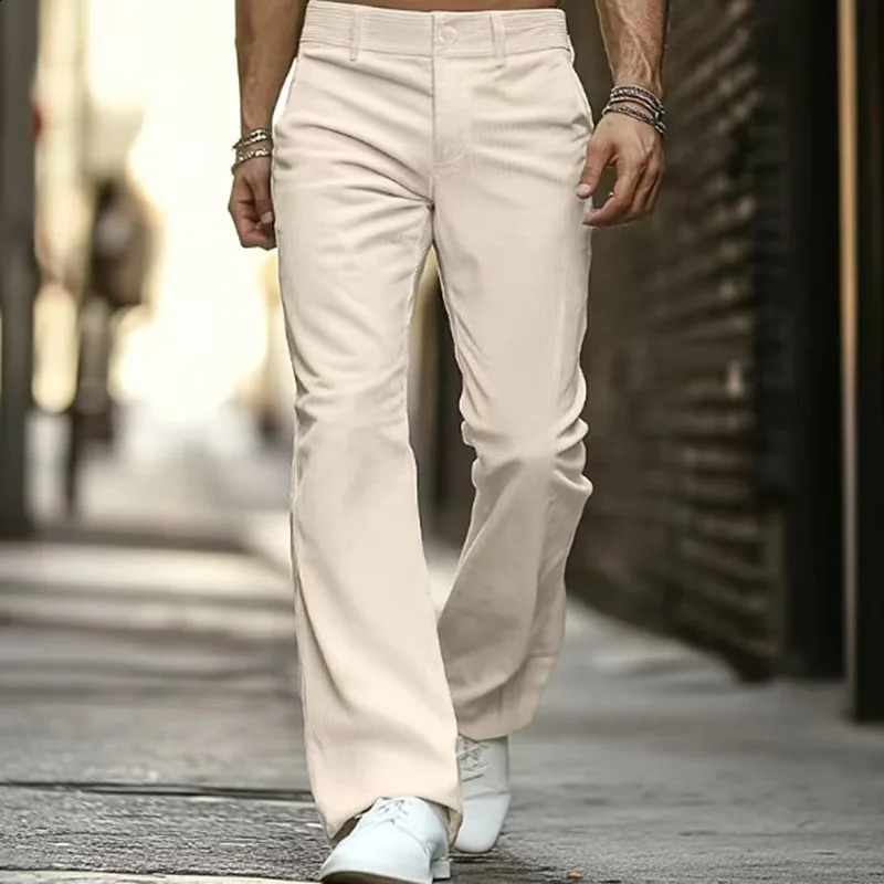 Spring Autumn Vintage Mens Corduroy Flared Pants Button Men Casual Solid Loose Trousers Textured Pants For Male Clothing 260917