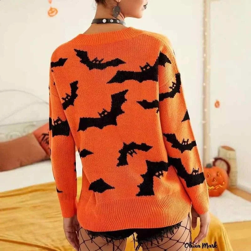 Halloween Knitted Sweater Long Flower Pattern Womens Loose Fit Pullover Top Polyester Fiber Thin Long Sleeve Winter Fashion 260918