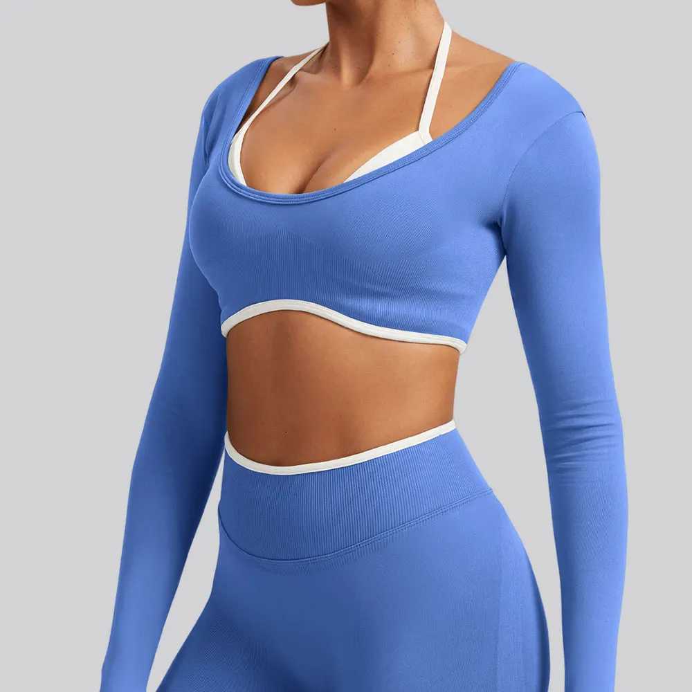 Fake Two-Piece Yoga Shirts For Women Long Sleeve Fitness Running Gym Clothes Women's Seamless Gym Breathable Push Up Sports Top Q260917