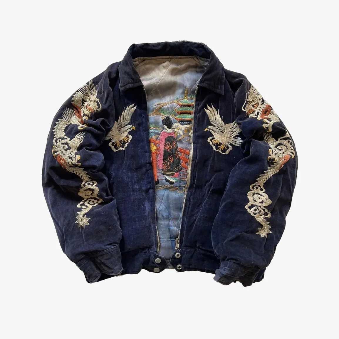 Hip Hop Japan Harajuku Style Jacket Gothic Dragon Pattern Bomber Jackets High Quty Embroidered Y2k Zipper Flce Lined Coat S260918HPXR