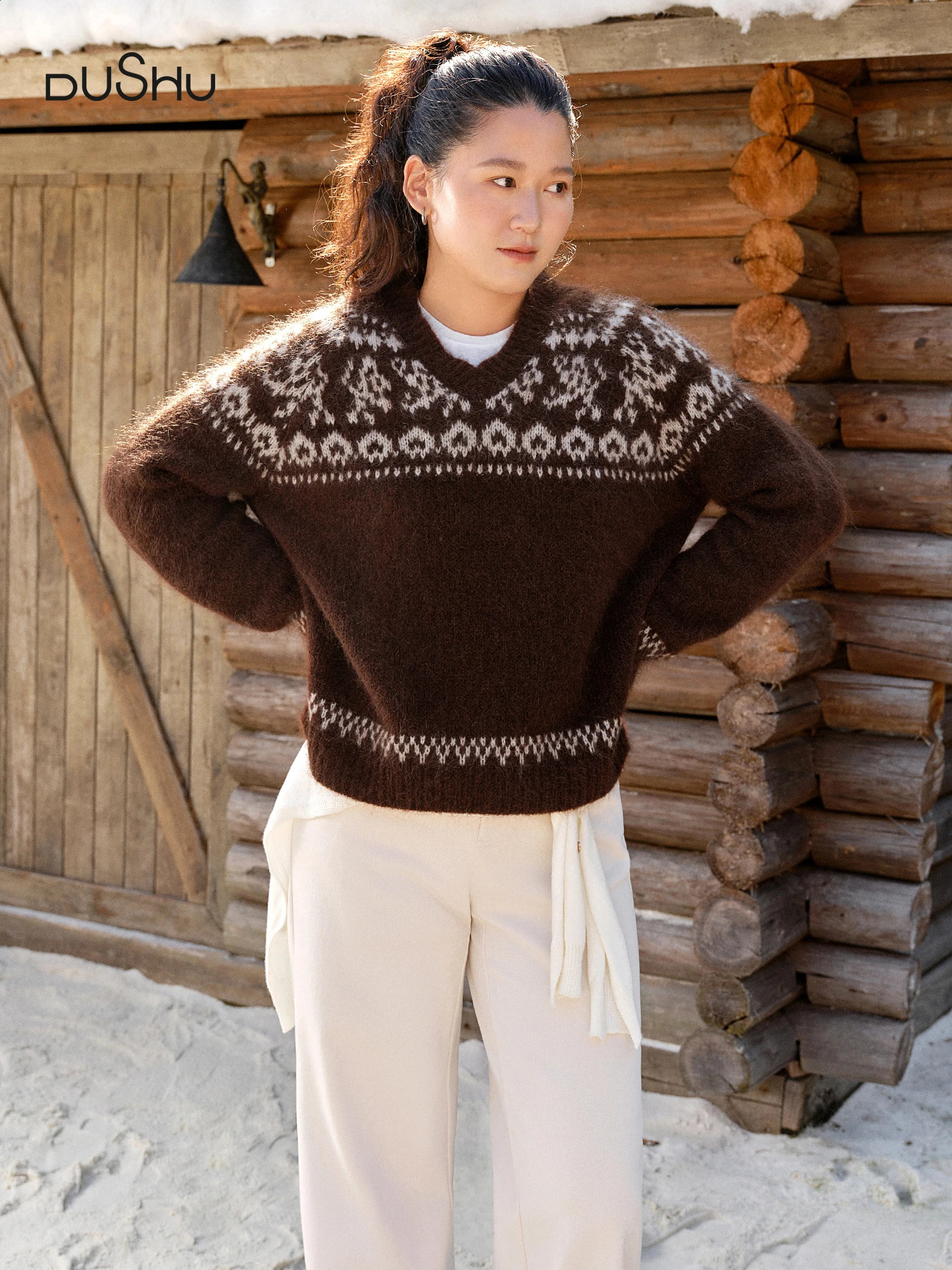DUSHU Wool Brown Pullovers Female Vintage Fair Isle Style Jacquard V-neck Sweater Women Loose Tops Winter Knitwear 260917
