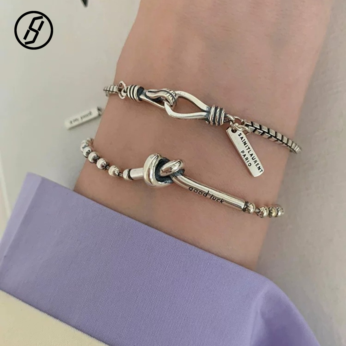 Unisex Retro Oxidized Silver Venetian Box Chain Bracelet Minimalist Industrial Tag Charm Couple Bracelet Quiet Luxury Fashion Jewelry Gift