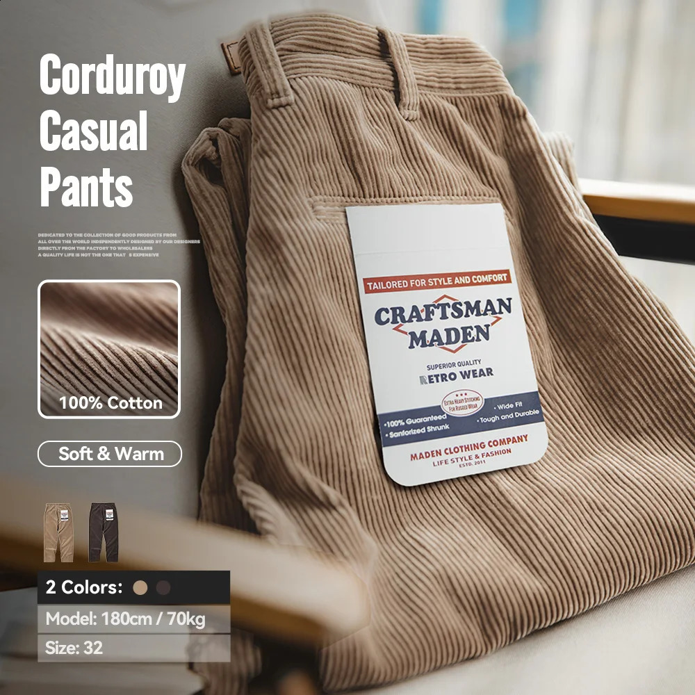 Maden Vintage Loose Corduroy Pants Wide Leg Mid Waist Striped Velvet Straight Leg Pants Men's Autumn Cargo Pants 260917