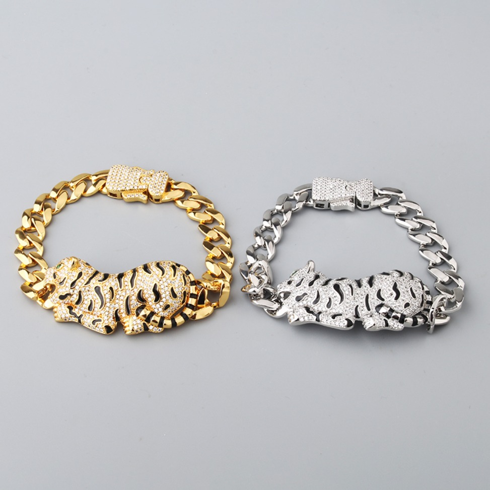 Designer Gold Plated Tiger Bracelet Full Paved Crystal Black Enamel Cuban Link Chains Fashion Men Women Hip Hop Jewelry