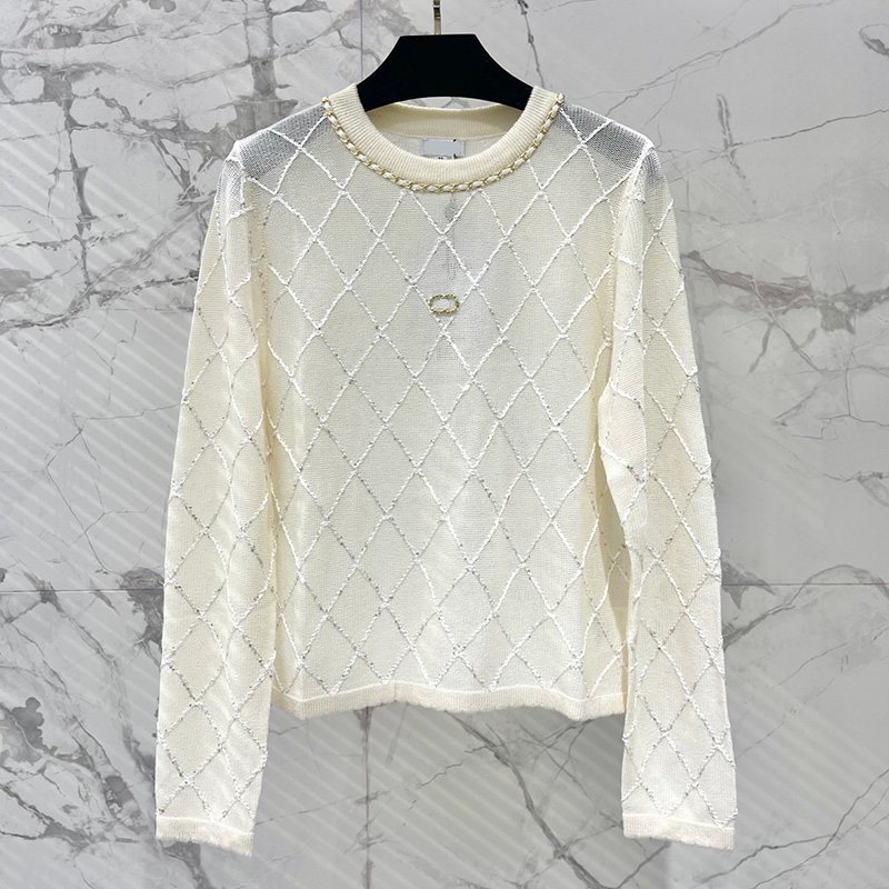 Luxury Sequin Argyle Knit Sweater Women Elegant Chain Collar Hollow Knitted Jumpers Spring Autumn Chic Pullover Tops