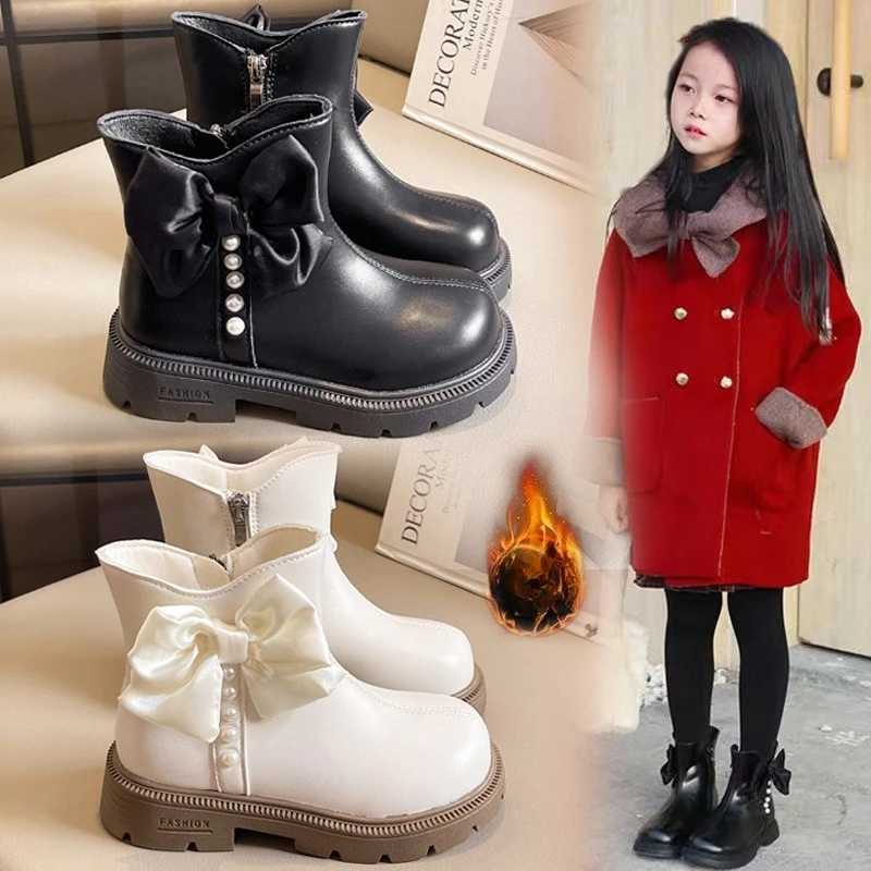 Girls' Padded Fashion Short Boots 3-18 Years Old Bow Pearl Beige Kids Leather Boots Soft Non-slip Children's Baby Boots Shoes X260917