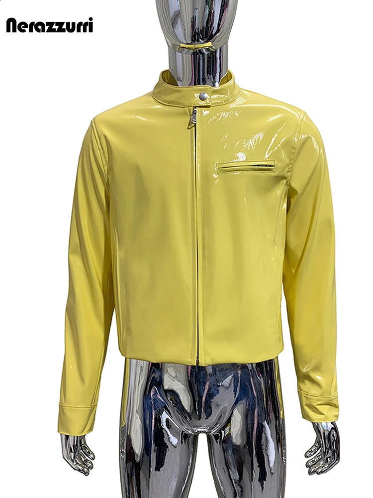 Nerazzurri Autumn Short Shiny Reflective Yellow Pu Leather Racing Jacket Men Zipper y Y2K Streetwear Menswear Clothes 2026 260917
