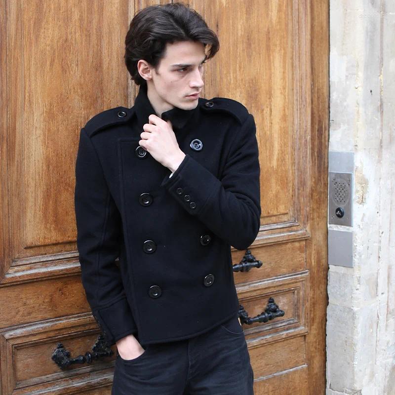 Retro Men Cropped Double Breasted Coat Stand Collar Casual Peacoat Epaulets Military Style Short Jackets Autumn Winter Outerwear