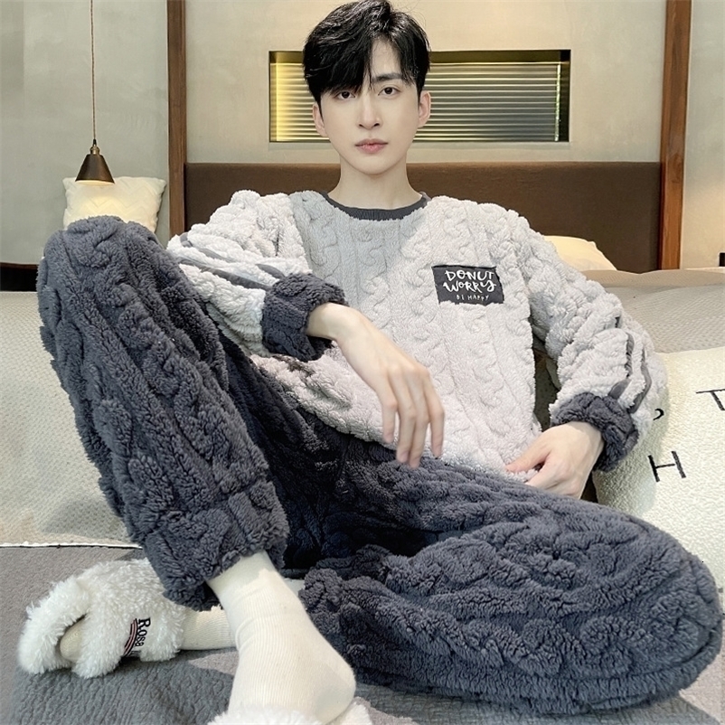 Higher Quality Thickened Warm Plus Size Mens Pajamas Autumn and Winter Student Nightwear Loungewear Striped Sleepwear Homewear 260917