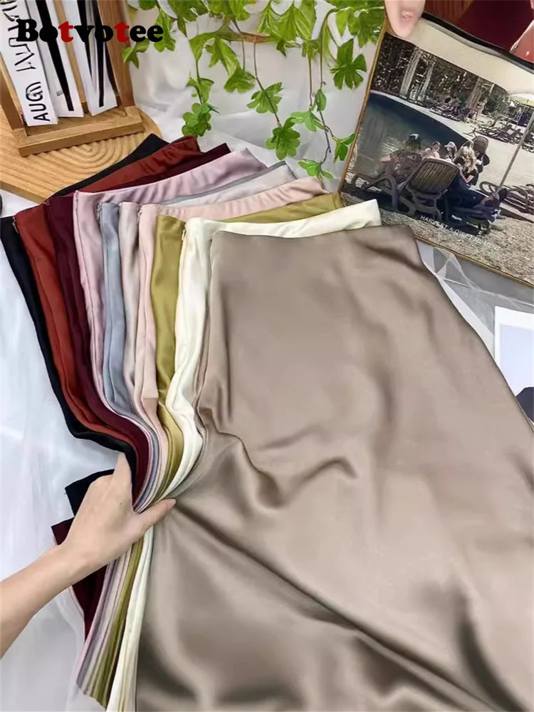 Botvotee Elegant Satin Long Skirt for Women Spring Summer 2025 Office Ladies Korean Style Loose Elastic Band Midi Skirts 260917