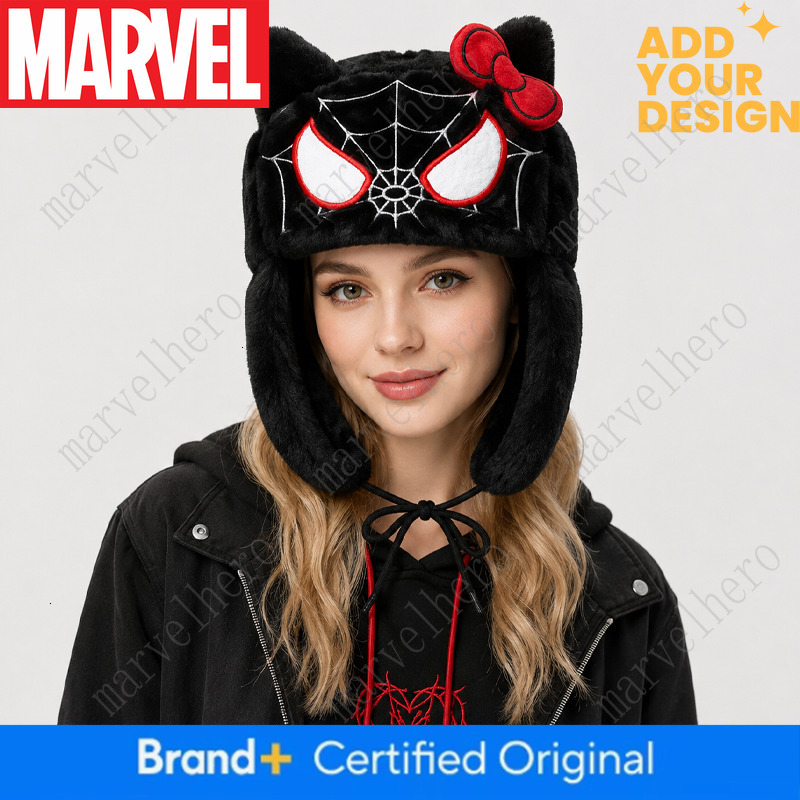 Cute Plush Animal Hat Black Cat Earflap Cap Spider Web Bow Soft Warm Furry Winter Beanie Unisex Cosplay Streetwear