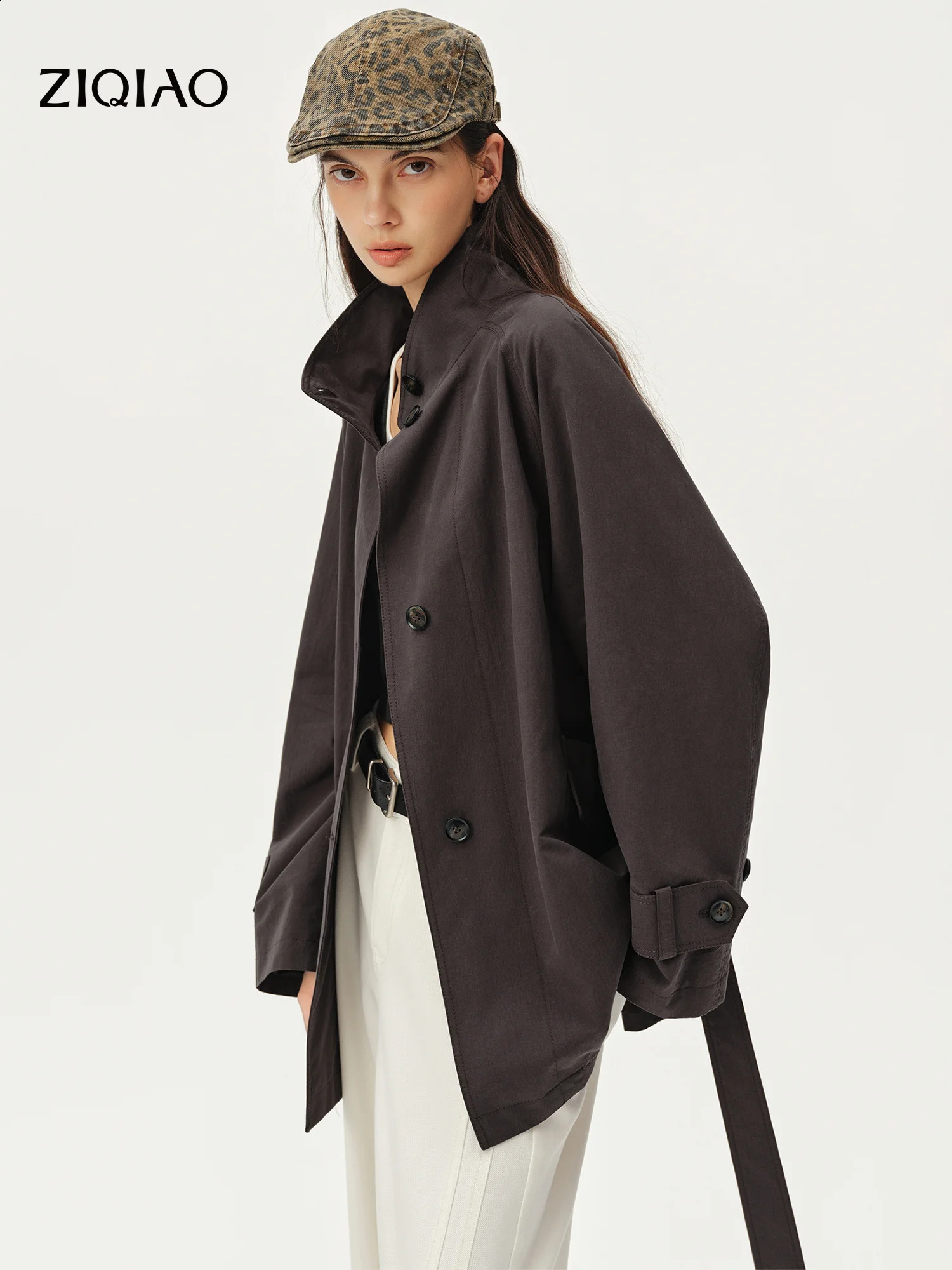 ZIQIAO Women's Hemp Mid-length Trench Coat 2026 Autumn Style Nordic Style Vintage Belt Stand Collar Cropped Coats 260917