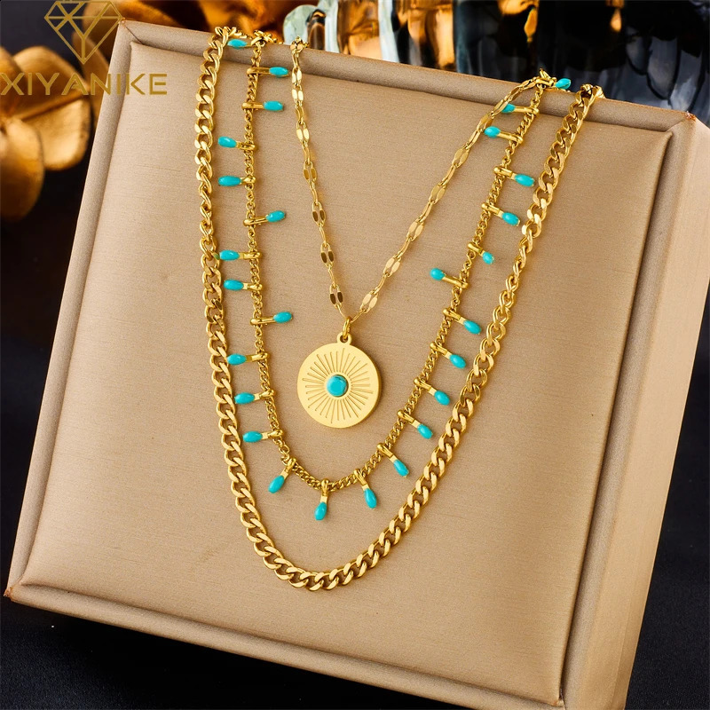 XIYANIKE 316L Stainless Steel Golden Necklace Three Chain Circle Pendant Arrival Accessories for Women Jewelry Gift Collier 260917