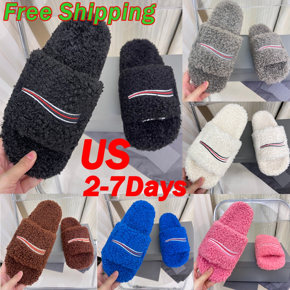 Designer Femmes Diapositives Paris Pantoufles Femmes Hommes Sandales Designer Logo Brodé Fluffy Sandales À Bout Ouvert Hiver Chaud En Peluche Mai