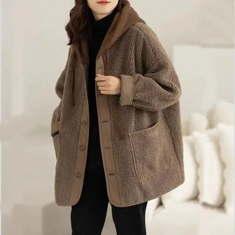Lamb Wool Fleece Hooded Cotton-padded Jacket Coat Autumn Winter Women Clothes Patchwork Oversize Warm Two Pieces Sweatshirt 260917