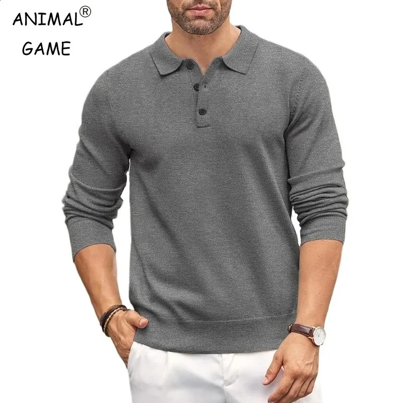 Animal Game Mens Button Polo Shirts Slim Mock Neck Shirt Knit Polo Sweaters Casual Dress Jumper Winter Thermal Pullover Sweater 260917