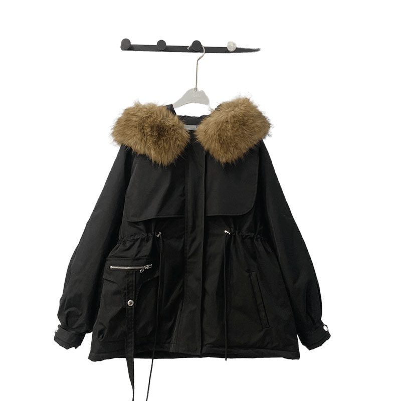 New designer women's winter fashion trend avant-garde retro casual high-quality versatile printed hooded zipper waist cinched fur collar women&
