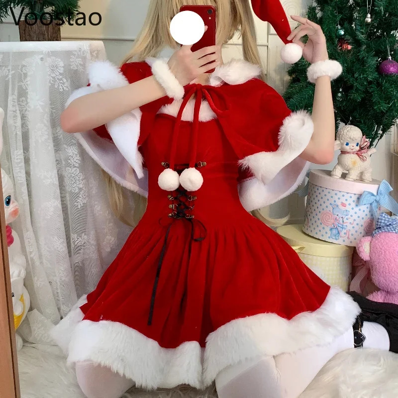 Autumn Winter Cute Christmas Red Shawl Dress Women Sweet Plush Patchwork Drawstring Party Mini Dress Female Kawaii Cloak Vestido 260917