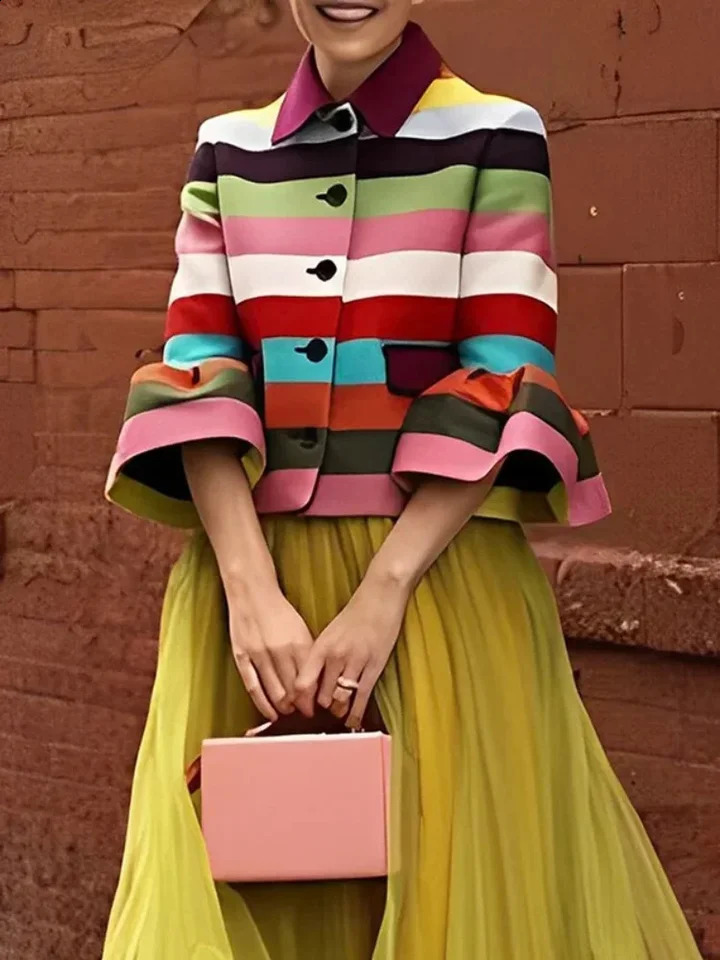 Vintage Flared Sleeves Multi-Colored Striped Lapel Elegant Women Jackets Coat Single-breasted Spring Autumn Female Outerwear 260917