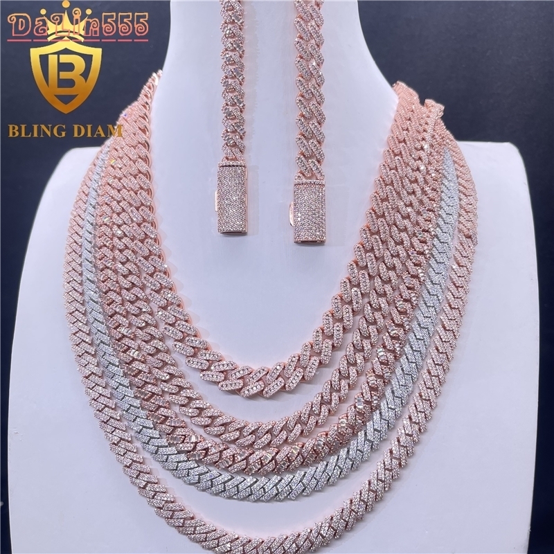 8-10mm Iced Out Miami Cuban Link Chains Rose Gold Pass Diamond Tester2026 Hip Hop Rapper 925 Sterling Silver Vvs Real Moissanite