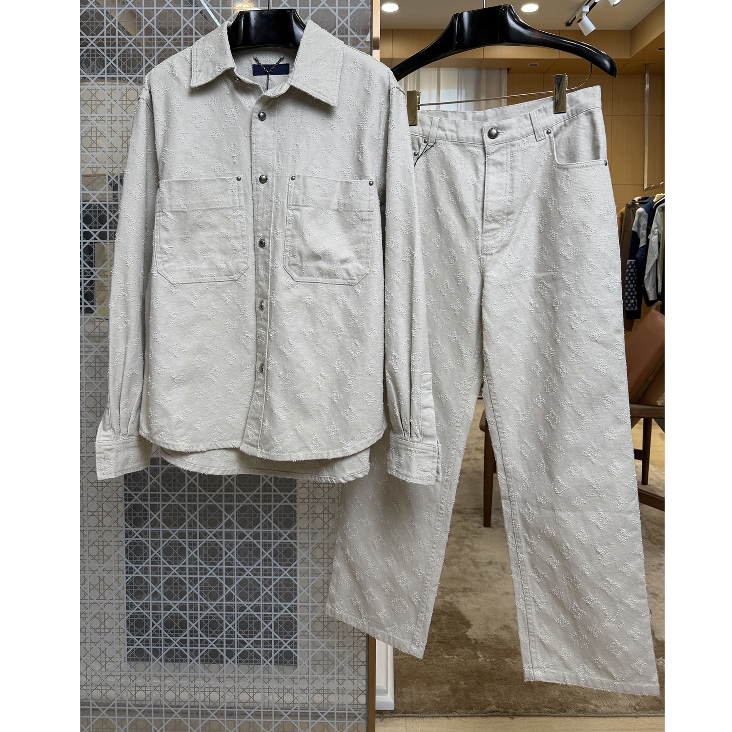 Luxury Designer Monogram Jacquard Denim Shirt Jacket And Pants, cowboy suit Loose Drop Shoulder Button Up Casual Outerwear for Men Women