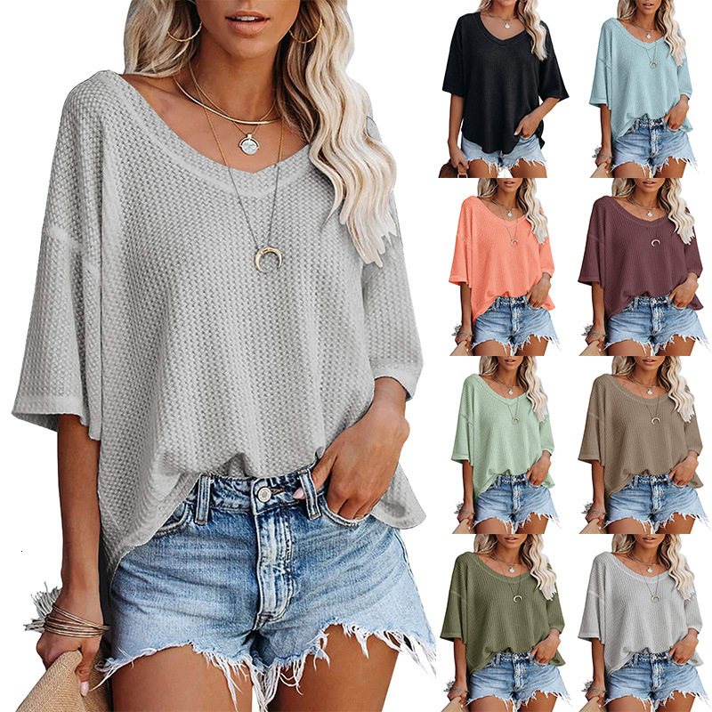 2026 Summer New V-Neck Bat Sleeve Waffle Knit Loose Solid Color Short Sleeve T-Shirt Women's Clothing