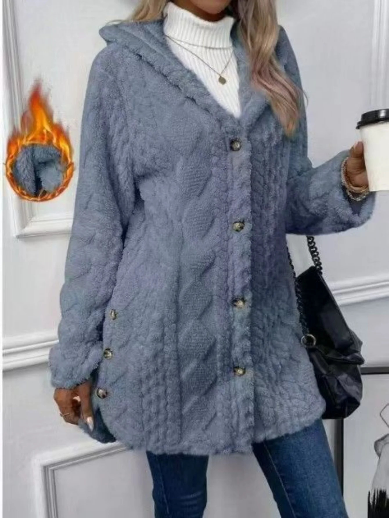 Women Winter Fleece Cable Knit Hooded Cardigan Coat Casual Long Sleeve Button Down Warm Sherpa Plush Outerwear Tops 260918