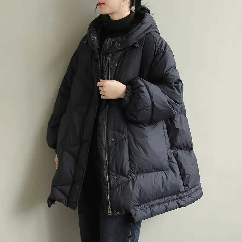 Winter Long Sleeved Warm Down Jacket New Loose Hooded Solid Color 90 White Duck Down Women's Lightweight Down Jacket Female H260917