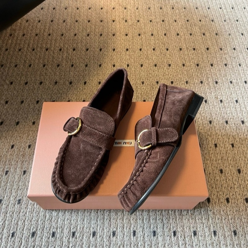 Women 2026 New Arrival Ruched Metal Buckle Loafers, Round Toe Chunky Heel Genuine Leather Versatile British Style Oxford Shoes
