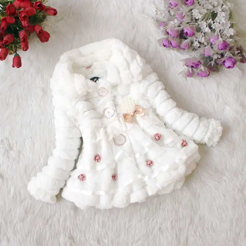 Fashion Kids Faux Fur Coat Autumn Winter Warm Plush Baby Jacket Christmas Cute Floret Lace Princess Outwear Toddler Girl ClothesQ260917
