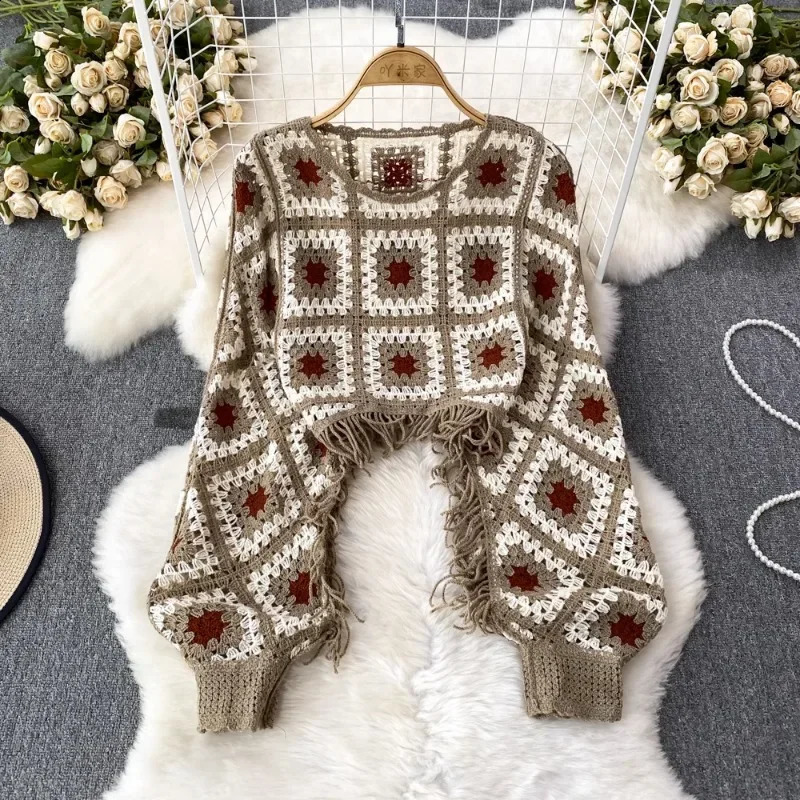 Bohemian Sweater For Women O-neck Hook Flower Hollow Vintage Sweaters Womens Plaid Autumn Pullovers Tassel Almighty Drop 260917