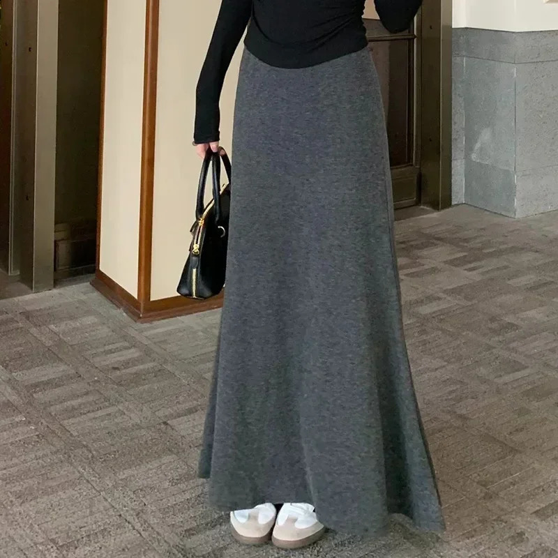 Lady Gray Knitted Hip Wrap Midi Skirts Girls Classic Fashion High Waist Dress Female Chic Solid Leisure Fish Tail Skirts 260917