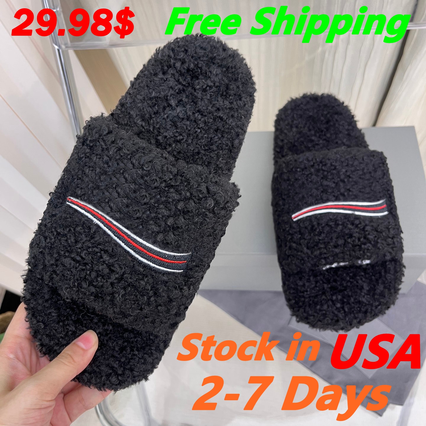 2026 Designer Femmes Diapositives Paris Pantoufles Femmes Hommes Sandales Designer Logo Brodé Fluffy Sandales À Bout Ouvert Hiver Chaud Maison En