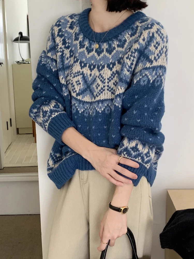 Women's Fair Isle Jacquard Vintage Sweater Christmas Color Block Top Soft Slouchy Sweater Vintage Slouchy Outerwear Jumper 260917