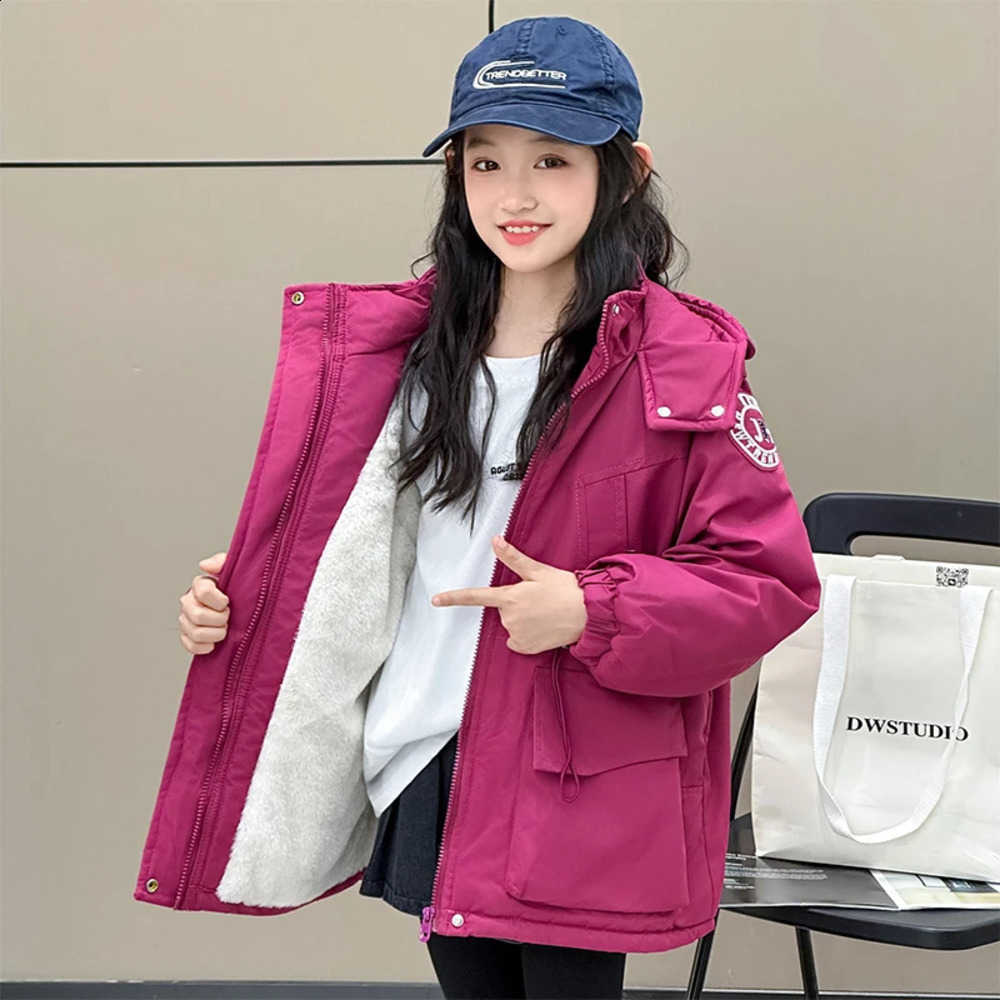 Plush Thermal Girls' Cotton Winter Jacket 5-14 Years Kids Casual Windproof Outdoor Sports Cargo Coat Hooded Thicken OuterwearW260917