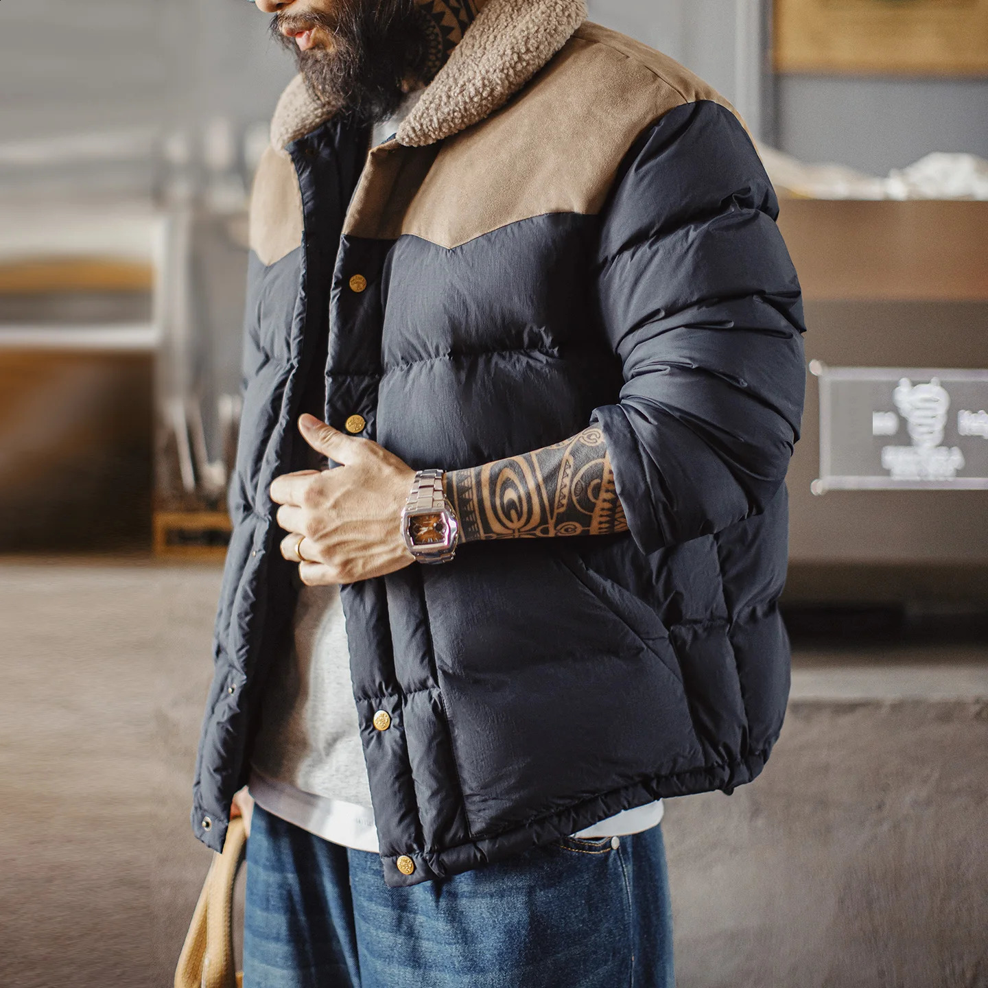 Maden Men's Vintage 90% White Duck Down Jacket Contrast Fleece Collar Puffer Suede Panels Warm Coat for Autumn Winter Streetwear 260917
