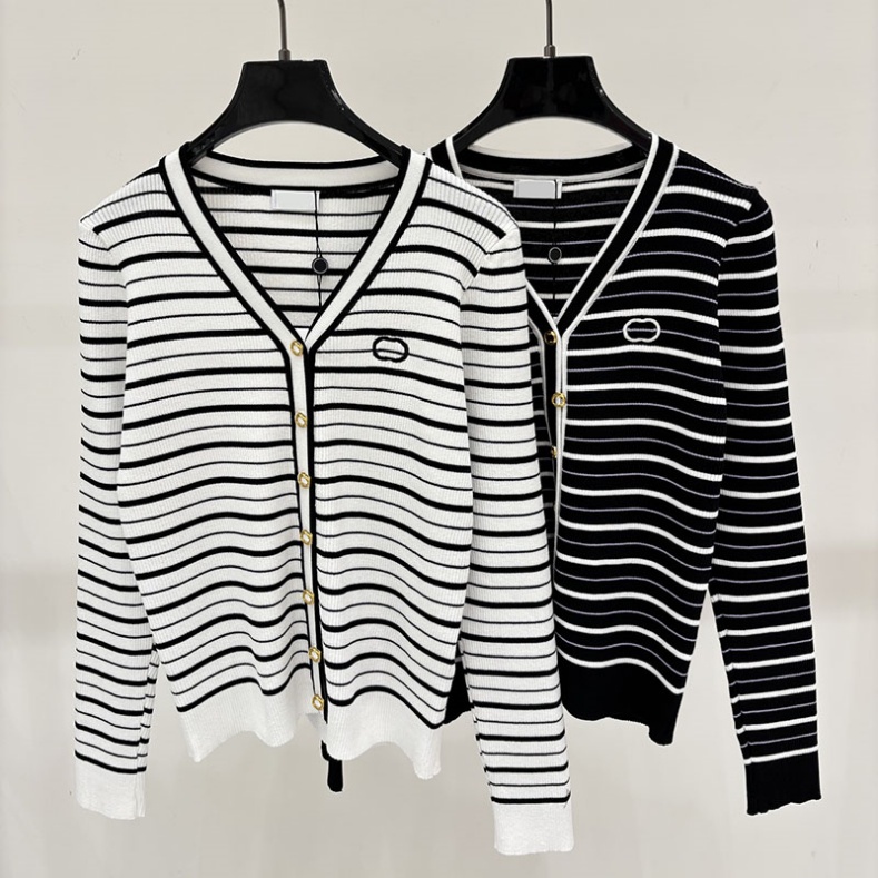 Retro Striped Colorblocked Cardigan For Women V Neck Knitted Wool Gold Buttons Cardigans Autumn Elastic Street Fitted Sweater