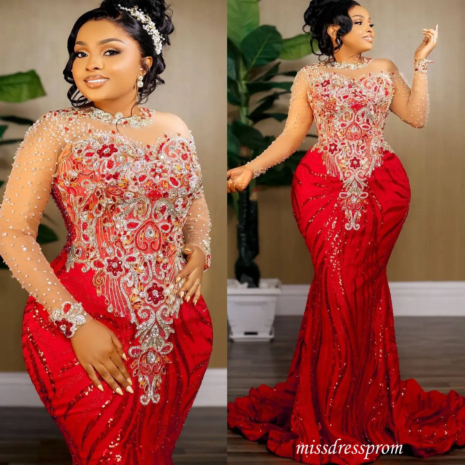 Aso Ebi African Luxury Mermaid Lace Crystal Beaded Evening dress Sexy Plus Black Women's Birthday Party Prom Dresses Customized